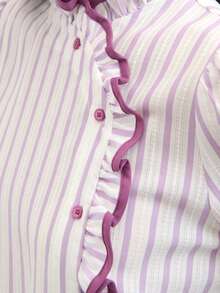 Nöista Striped Ruffle High-Neck Blouse With Puff Sleeves And Contrast Piping; Perfect For Office, Meetings, Brunch, Dates, Romantic, Preppy, Winter, Autumn - Mauve Purple - View 8