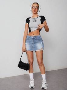 SHEIN EZwear 夏季破洞下摆牛仔迷你裙 - 中等水洗藍 - 查看 5
