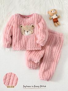 Cozy Pixies 女嬰卡通熊圖案保暖內裡加厚圓領長袖套頭上衣與鬆緊腰長褲2件套，適合秋冬室內、戶外滑雪、日常、運動、玩耍、派對、攝影 - 粉色 - 查看 3