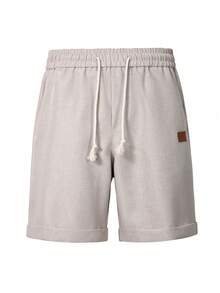 Manfinity Homme Shorts casuales de calle para hombre talla grande con cintura elástica, cordón y parche de cuero - Caqui - Ver 4