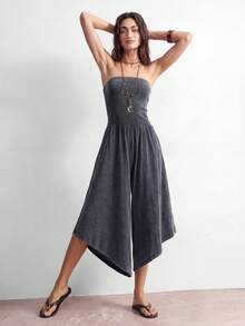 Bohemela Damen Lässig einfarbiger Strick Bandeau-Top & Weite Bein Jumpsuit - Schwarz - Übersicht 7