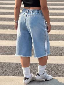 Muchica Plus Size Women Light Blue Distressed Denim Shorts,High Waist Baggy Jean Shorts,Summer Everyday Smart Casual Chic 3/4 Blue Jeans Denim Pants - Blue - View 2