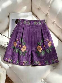 EMERY ROSE Shorts casuales de mujer estilo bohemio elegante y sencillo, con bordado floral púrpura, para vacaciones de verano en la playa, exquisitos - Multicolor - Ver 3