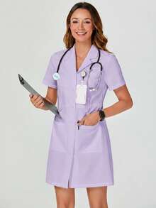 TaskEZ Solid Color Short Sleeve Single-Breasted Pocket Lab Coat - Purple - View 4