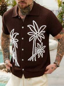 VENTUSAIL Men's Palm Tree Pattern Short Sleeve Single-Breasted Knit Cardigan - Coffee Brown - View 6