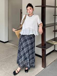 Dazy Plus 大尺碼女款格紋對比蕾絲直筒優雅中長裙 - 藏蓝色 - 查看 5
