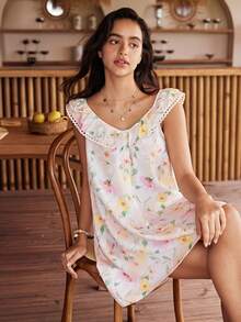 Lullawish Bohemian Vacation Style Romantic Floral Home Lace Patchwork Ruffle Trim Mini A-Line Women's Nightgown - Multicolor - View 6