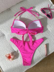 Swim SXY Summerbeach Women's Solid Color Metal Decor Halter Top And Bottom Bikini Set - Pink - View 2