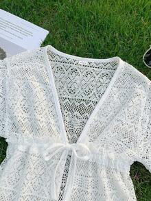 SHEIN Young Girl Jacquard Solid Color Loose Casual Shawl Cover Up,Kids - White - View 4