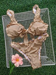 Swim Mod 極簡性感風粉色荷葉邊綁帶兩件式比基尼泳衣，甜美荷葉邊女款溫泉度假比基尼 - 咖啡棕 - 查看 2