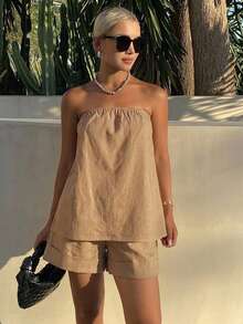 Livesso Conjunto de 2 piezas de camisa casual de verano & top tubo con shorts de corte holgado para vacaciones en la playa para mujer - Caqui - Ver 6