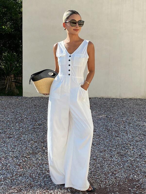 Livesso Women's Summer V-Neck White Button Placket Pocket Decor Loose Casual Commute Straight Leg Utility Style Jumpsuit