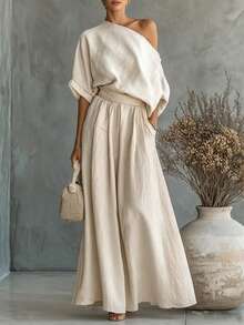 SHEIN Franclia 女款夏季法式度假休閒卡其色上衣與長褲兩件套，女款方領 3/4 袖上衣搭配鬆緊腰長褲，女款套裝，女款夏季度假穿搭兩件套，女款優雅舒適兩件套，女款鄉村風服飾兩件套，女款休閒度假穿搭 - 卡其色 - 查看 5
