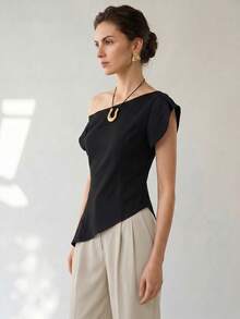 SHEIN PariChic Camicia casual versatile da donna con collo asimmetrico e tinta unita, adatta per l'uso quotidiano - nero - Visualizzare 3