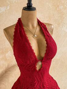 Soleia Women's Vacation Vintage Sexy Energetic Textured Metal Sun Decoration Halter Neck Tie Multi-Layer Ruffle Dress Club Night Red Summer - Burgundy - View 4
