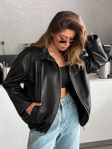 Muchica Women's Black PU Leather Bomber Jacket – Faux Leather Zip Up Short Jacket With Oversized Collar - الأسود - مشاهدة 4