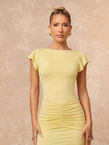 Lumalex Pale Yellow Boat Neck Maxi Dress With Flutter Sleeves Ruched Hip Detail Bodycon Bodice And Flared Hem Skirt Summer Holiday Outfits Elegant Dinner - Light Yellow - View 12