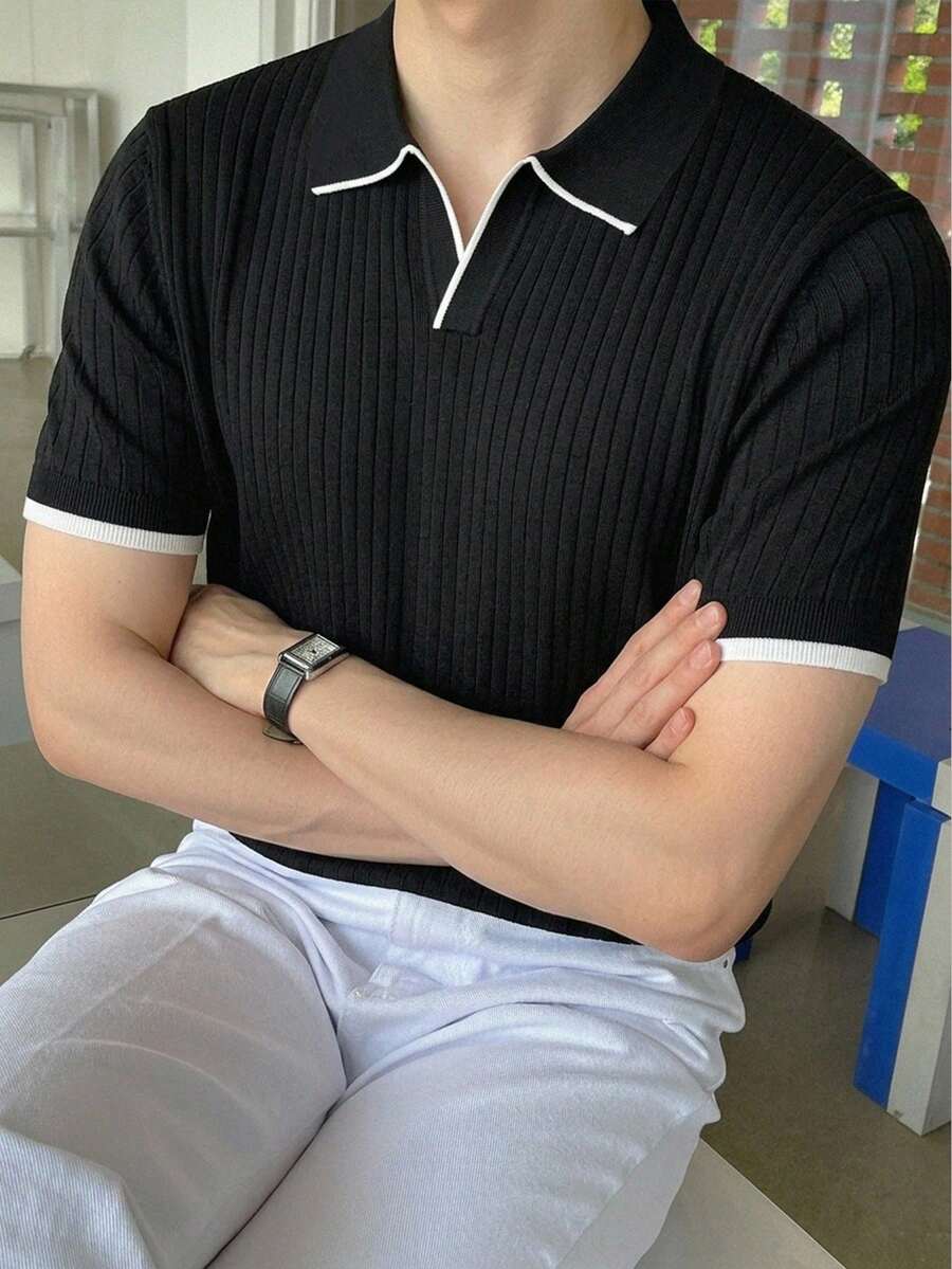 DAZY Black Commuter Contrast White Trim Polo Collar Men's Knit Top Summer - Black - View 1