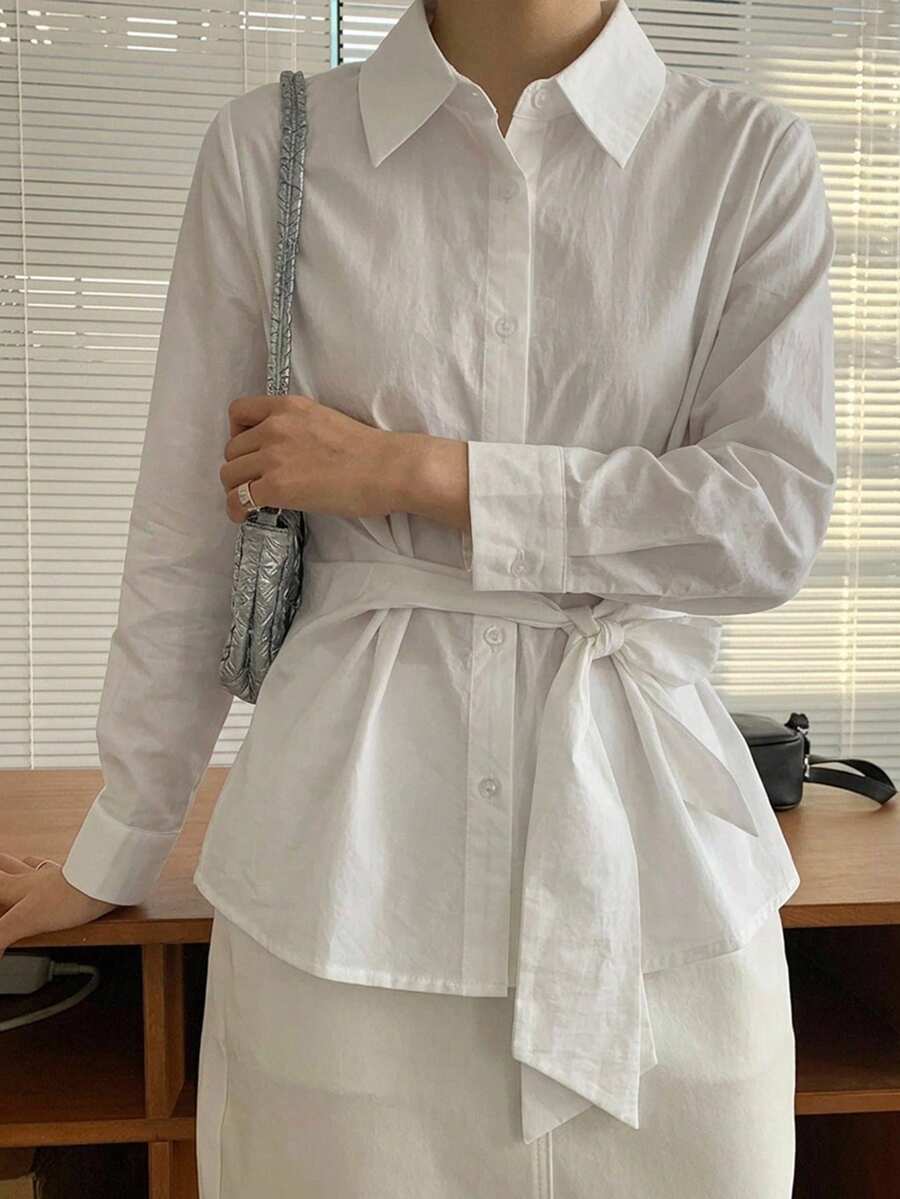DAZY 女款素色長袖單排扣側腰綁帶襯衫 - 白色 - 查看 1