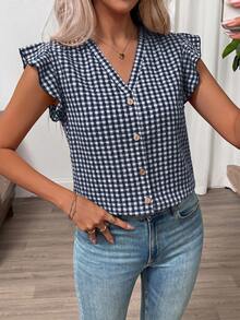 SHEIN Clasi 女款度假風格紋V領荷葉袖休閒襯衫 - 藏蓝色 - 查看 5