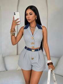 SOLERSUN Women's Gold Button Contrast Collar Cropped Vest And High Waist Pleated Shorts Casual Two Piece Set - Blue - View 2