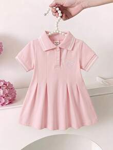 SHEIN 新生兒夏季百搭簡約可愛蝴蝶結刺繡粉色洋裝 - 粉色 - 查看 3