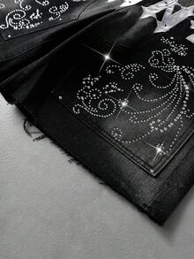 ROMWE MEN Pantaloncini in denim da uomo con ricamo, dettagli in strass, tasche e bottoni - nero - Visualizzare 5