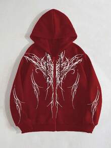 ROMWE Plus Size Drawstring Hooded Gothic Pattern Zip-Up Casual Versatile Daily Wear Long Sleeve Sweatshirt - Red - View 1