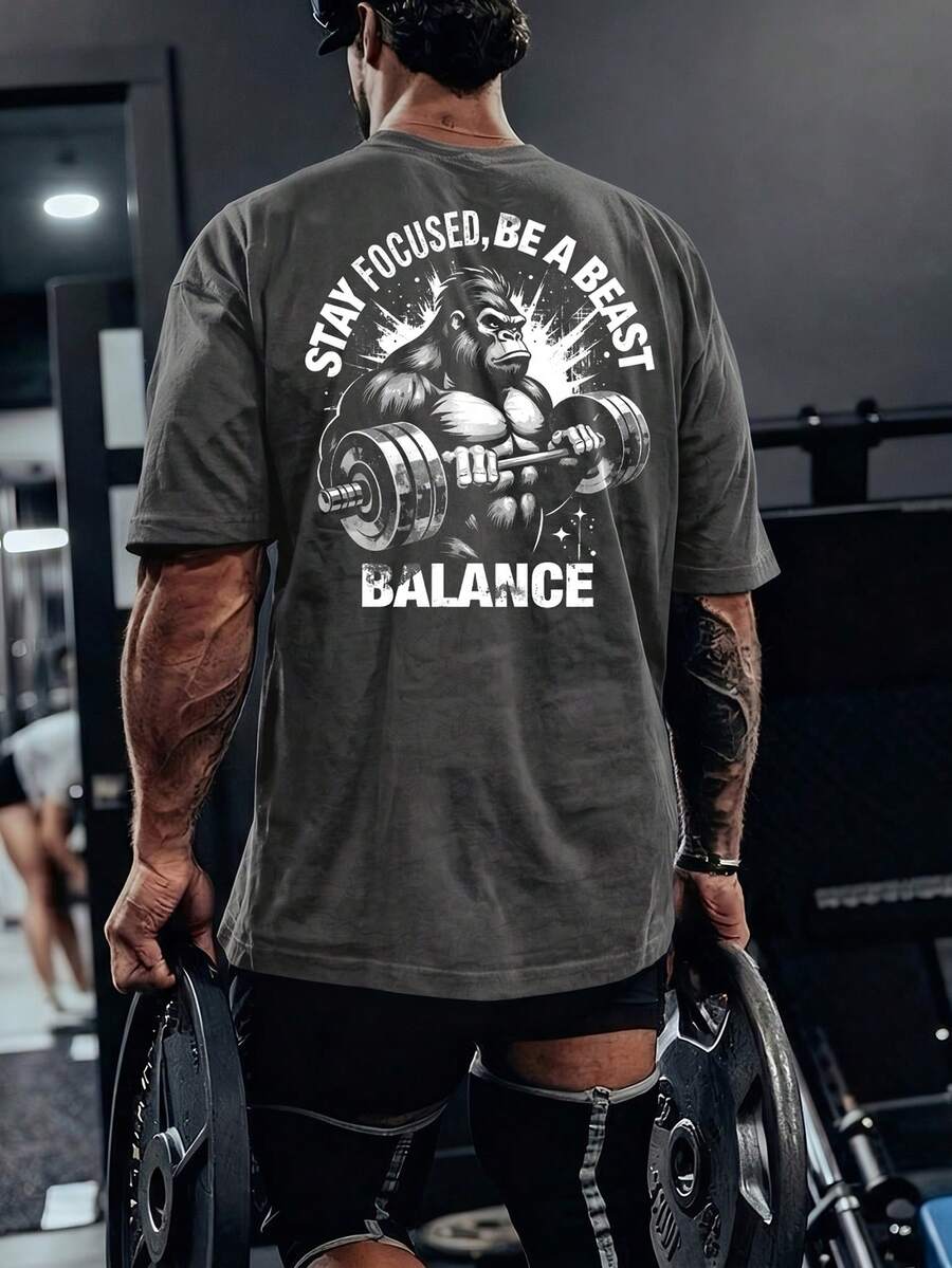 GymBeat 男士背後字母印花圓領短袖運動T恤，健身房適用 - 深灰色 - 查看 1