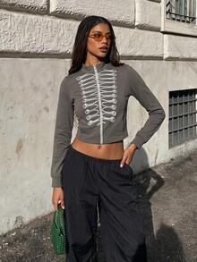 Opulessa Women's Printed Long Sleeve Zip-Up Casual Goth Sweatshirt Halloween Night Dark Grey Autumn - Grey - View 8