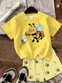 Tween Girl Tween Girl Casual Minimalist Cartoon Graphic Short Sleeve Top And Shorts 2 Pieces Set, Suitable For Summer - Multicolor - View 3