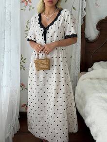 CottageSlumber Women's Standard Size Romantic Polka Dot Print Short Sleeve Nightgown, Lace Patchwork Design, Bow Tie Design, Comfortable Homewear - Apricot - View 4