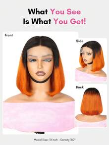 漸層 T1B/橘色短波波假髮 真人髮 直髮 4x4 蕾絲封口前額假髮 T1B/350 預拔髮際線 180% 密度 短波波假髮 真人髮 10-14 英吋 - SNatural/Orange - 查看 4