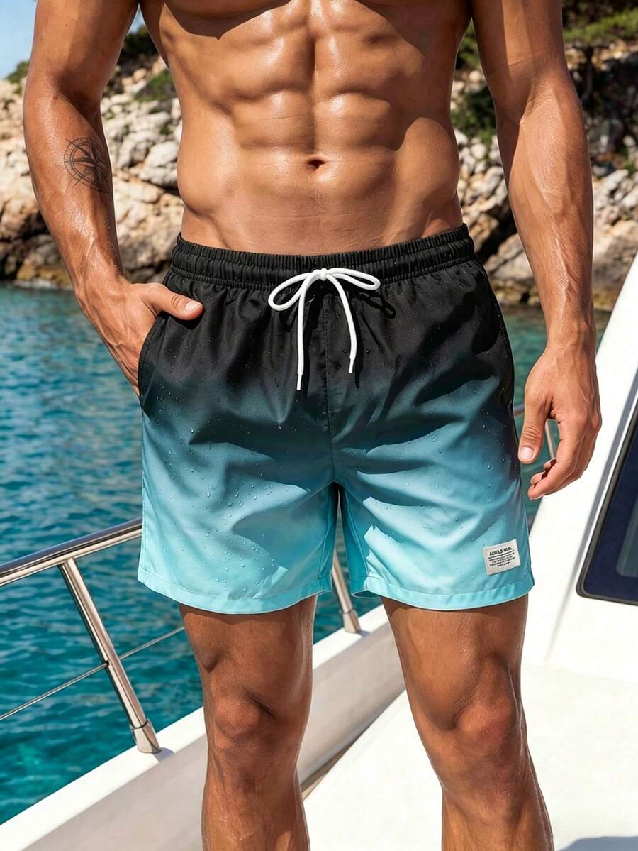 Naviga Onda Men's Vacation Letter Patched Gradient Drawstring Waist Beach Shorts, Holiday - Black - View 1