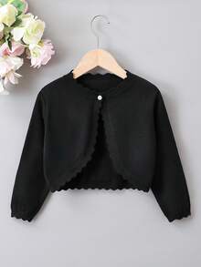 SHEIN Elladie kids 女童休閒百搭素色開襟羊毛衫 - 黑色 - 查看 3