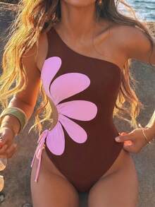 Swim Vcay Springbreak 女款海灘裝夏季套裝，新款單肩定位印花抽繩打結鏤空休閒度假連身泳衣，節慶波希米亞風 - 彩色 - 查看 6