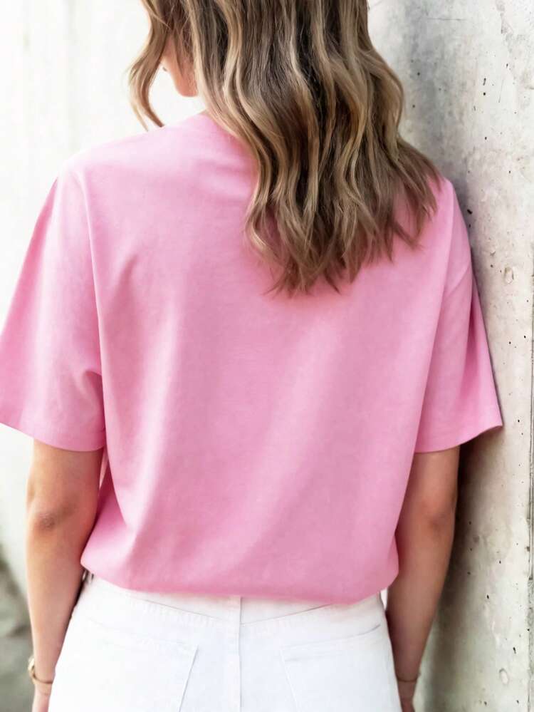 DrmWander Plus Size Women's Letter Towel Embroidery Round Neck Short Sleeve Casual T-Shirt - Pink - View 2