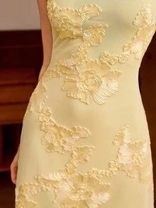 Vintamour Vintage Elegant Women's Knit Embroidered Mesh Floral Casual Vacation Holiday Party Short Mini Bodycon Dress Elegant Floral Dress Wedding Guest Dress - Pale Yellow - View 5