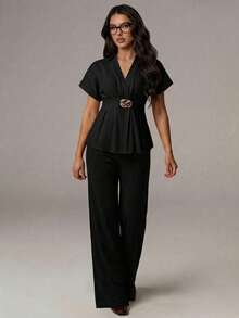 Avenya Metal Decor Elegant Blouse, Ruffle Design Slim Fit For Women - Black - View 5