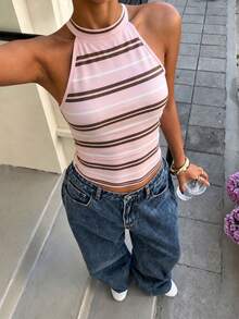 Muchica Women's Casual Y2k Backless Halter Neck Fitted Top, Suitable For Summer Brunch Going Out Pink Stripe - Multicolor - View 5