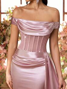 Glamrae Gaun Malam Formal Model Duyung Tanpa Bahu Berwarna Merah Muda Pucat yang Elegan dan Menawan dengan Ekor Berumbai, Cocok untuk Tamu Pernikahan, Pengiring Pengantin, Pesta, Gala, dan Acara Lainnya, Gaun Wanita - Dusty Pink - View 5