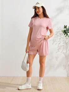 SHEIN 孕婦純色圓領短袖T恤與可調腰圍短褲休閒兩件套 - 藕粉色 - 查看 6
