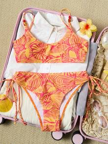 Swim Mod 女款休閒熱帶印花度假海灘比基尼兩件套 粉橘色夏季 - 亮橙色 - 查看 1