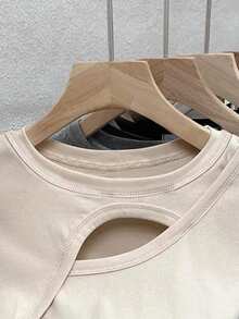 EMERY ROSE Women's Solid Color Round Neck Short Sleeve Cutout Casual T-Shirt Everyday Light Beige Summer - Apricot - View 4