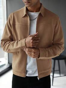 Manfinity CasualCool 男士純色長袖拉鍊休閒夾克 - 卡其色 - 查看 5