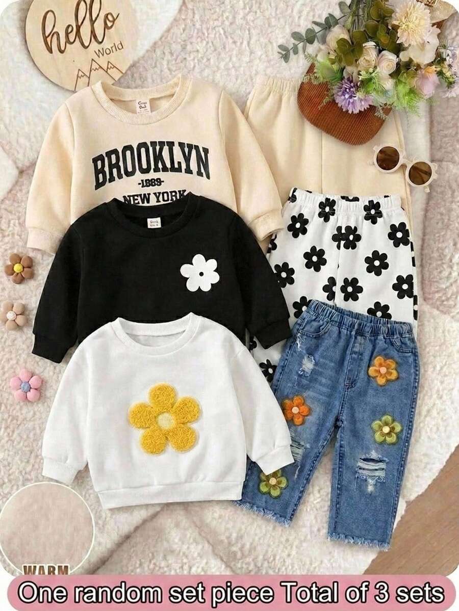 SHEIN 2件組可愛女嬰花朵貼布白色長袖上衣、立體花朵牛仔鏤空微喇長褲套裝,適合春秋季節 - 白色 - 查看 1