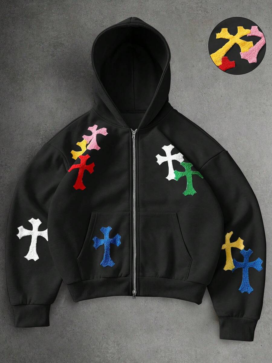 PAVTROS Hoodie Pria Lengan Panjang Model Patchwork dengan Resleting dan Kantong di Bagian Depan - Hitam - View 1