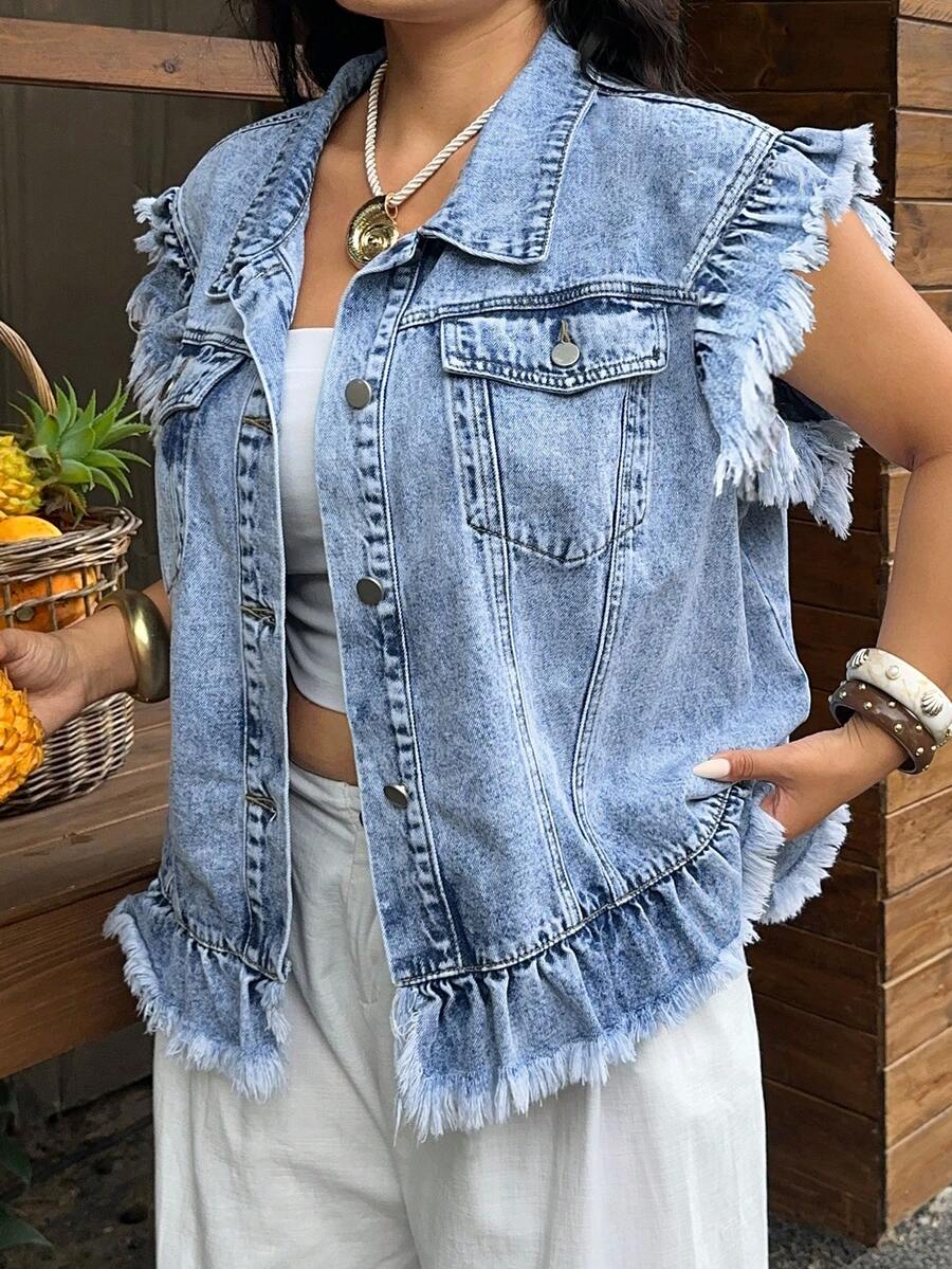 SHEIN Holidaya Plus Size Summer Casual Washed Front Button Frayed Denim Jacket - Blue - View 1