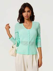 SHEIN BASICS Women's Solid Color Single-Breasted Casual Versatile Daily Long Sleeve Cardigan Office Mint Green Autumn - Apricot - View 6