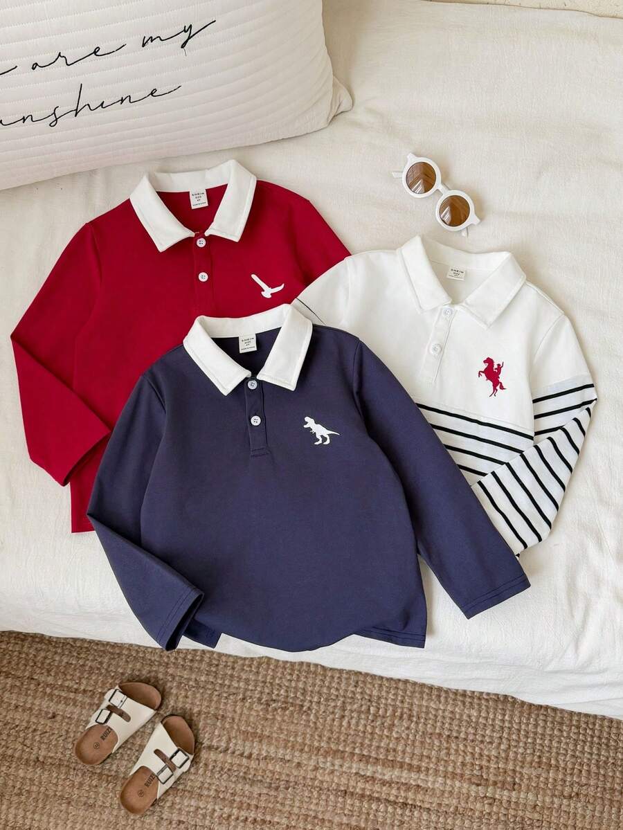 SHEIN 買2送1,兒童小男孩,小男孩3件組秋冬時尚學院風POLO衫多件裝 - 彩色 - 查看 1